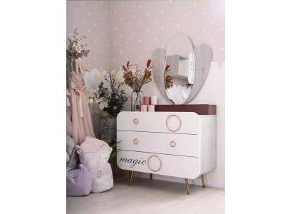 Weiße Holz Kommode 3x Schubladen Designer Spiegel Kinderzimmer Set 2tlg